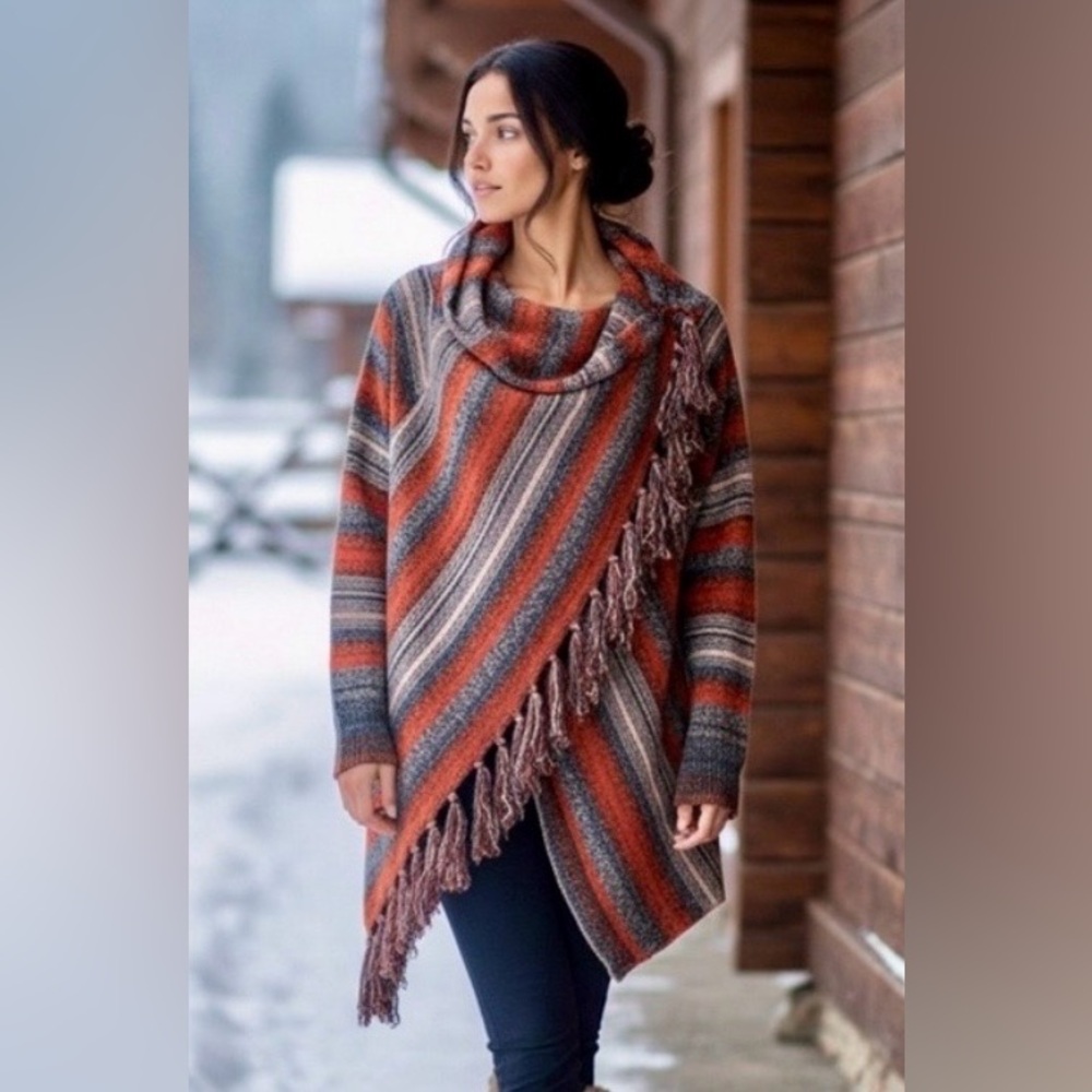 Woman’s Open Front Knitted Poncho w/Striped Design Cowl Neck & Tassel Accents M